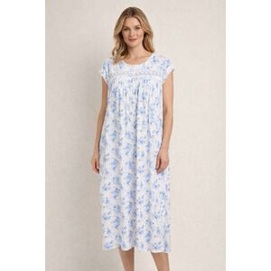 Eileen West Women's XL Blue Floral Cotton Nightgown Lace Trim Cottagecore